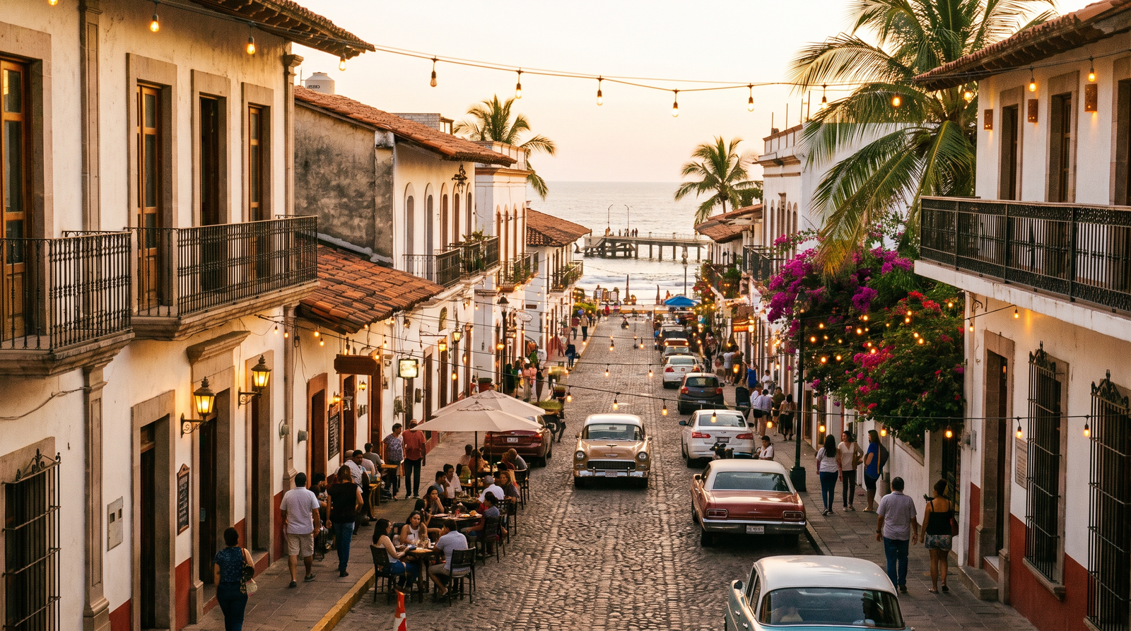 Historic downtown Puerto Vallarta street near the Malecón at golden hour