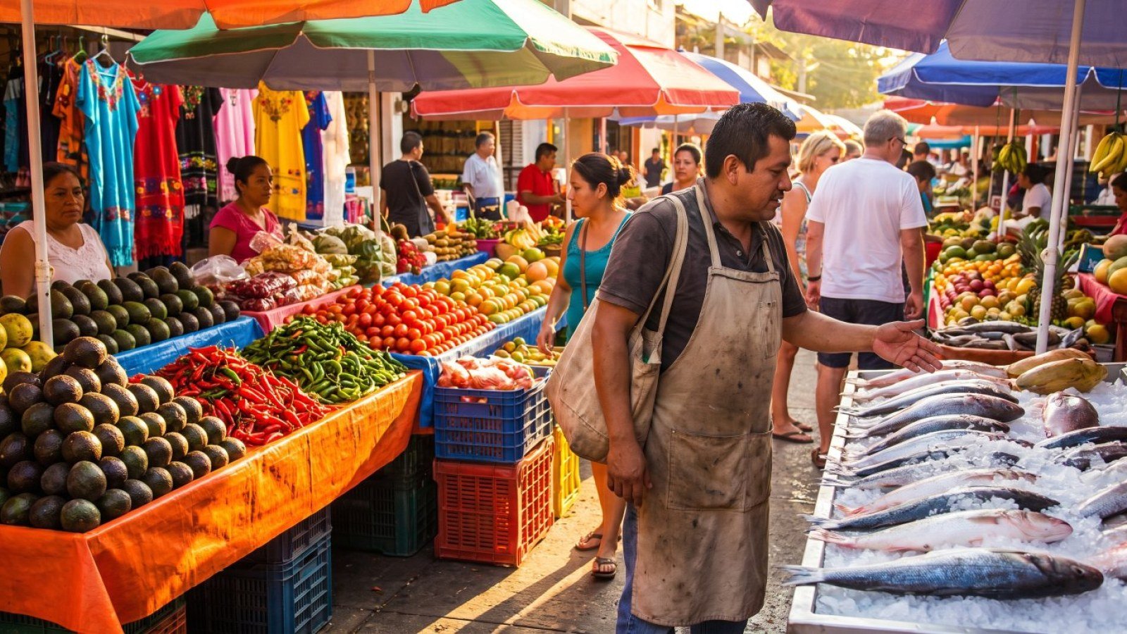 A private chef choosing fresh fish and produce at a Puerto Vallarta market on the morning of a villa dinner