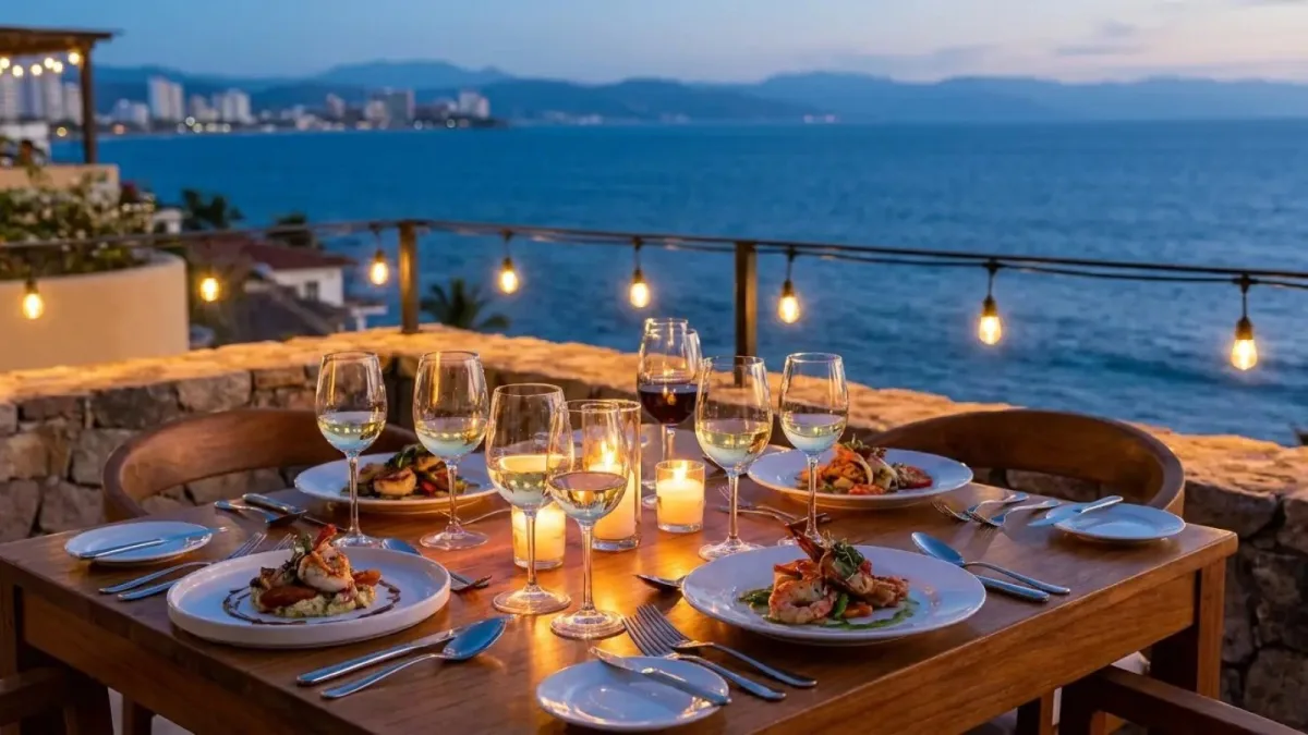 Candlelit dinner table set for four on a terrace overlooking the lights of Puerto Vallarta
