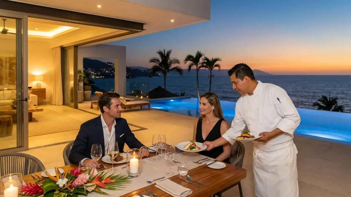 Private chef presenting a plated course to a couple at their villa terrace above Banderas Bay at sunset