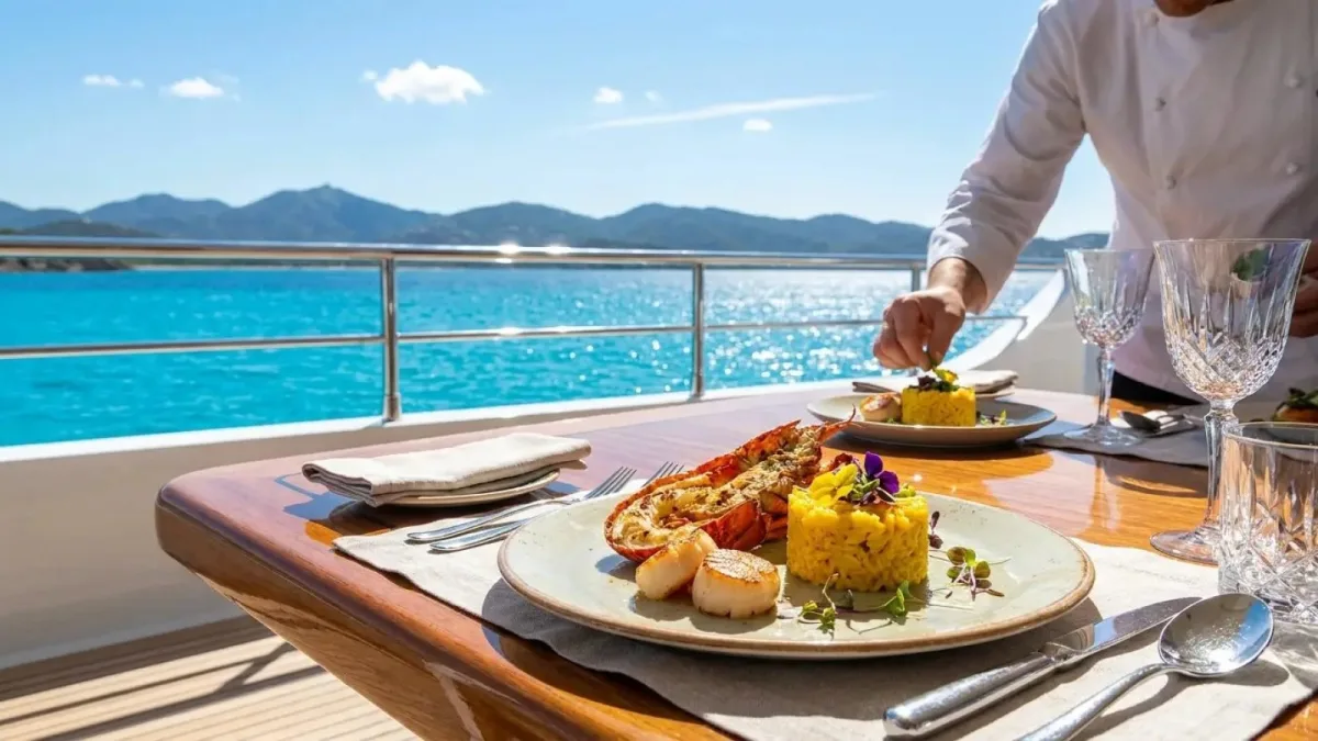 Chef serving grilled lobster and citrus rice on the deck of a yacht in Banderas Bay