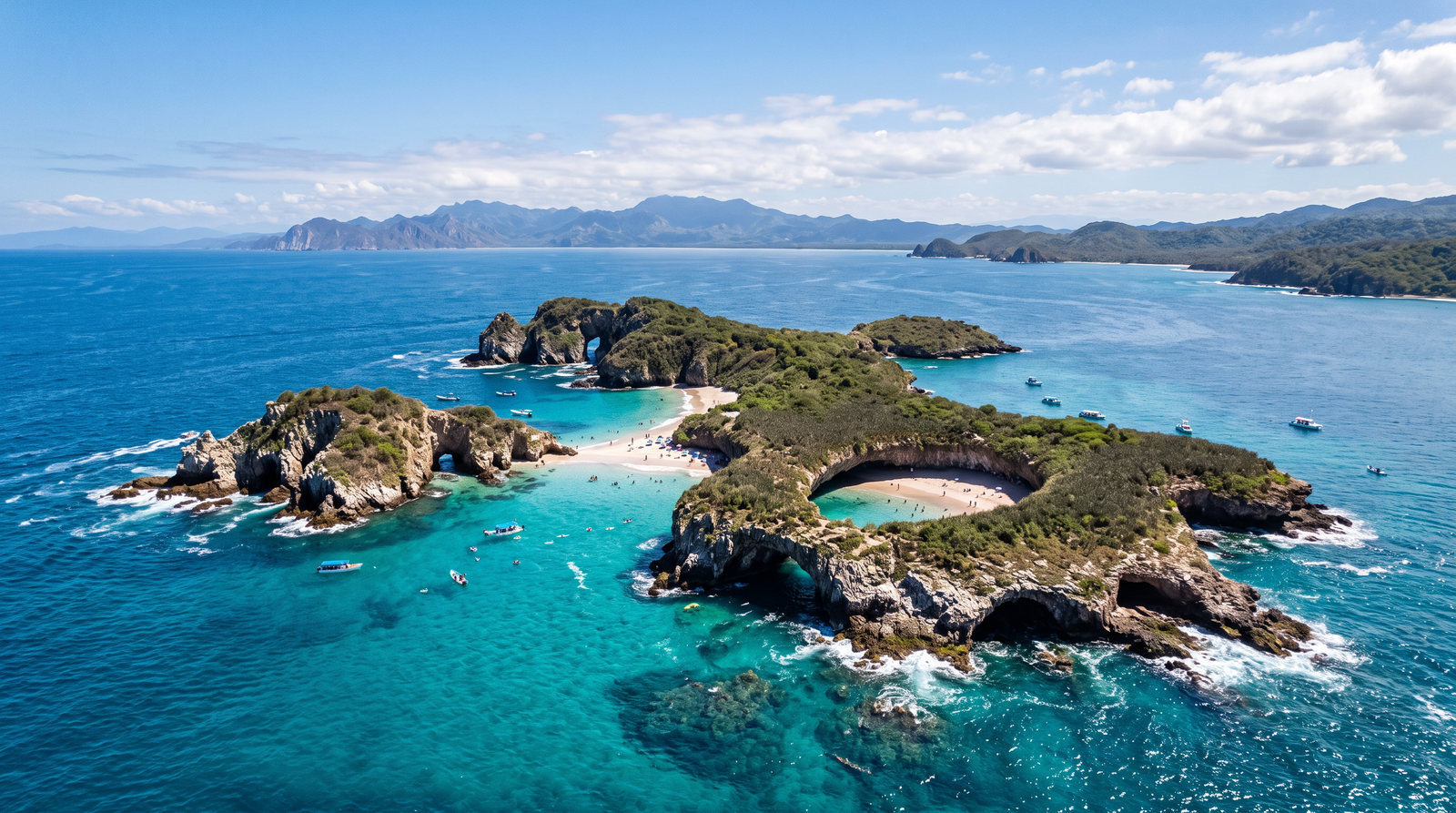 Aerial view of Playa del Amor, the hidden beach inside the crater of the Islas Marietas near Punta de Mita