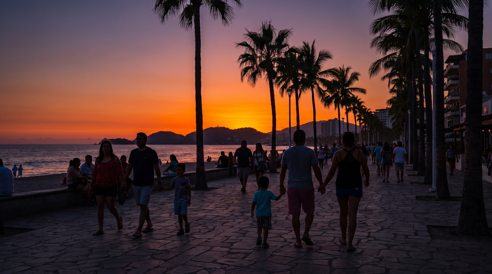 The Malecón boardwalk in Puerto Vallarta, a main corridor for buses, taxis, and walking