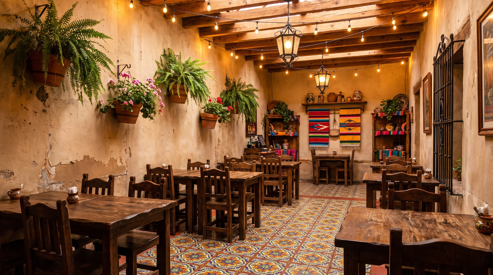 Outdoor dining tables at a restaurant in Puerto Vallarta's Zona Romantica at dusk